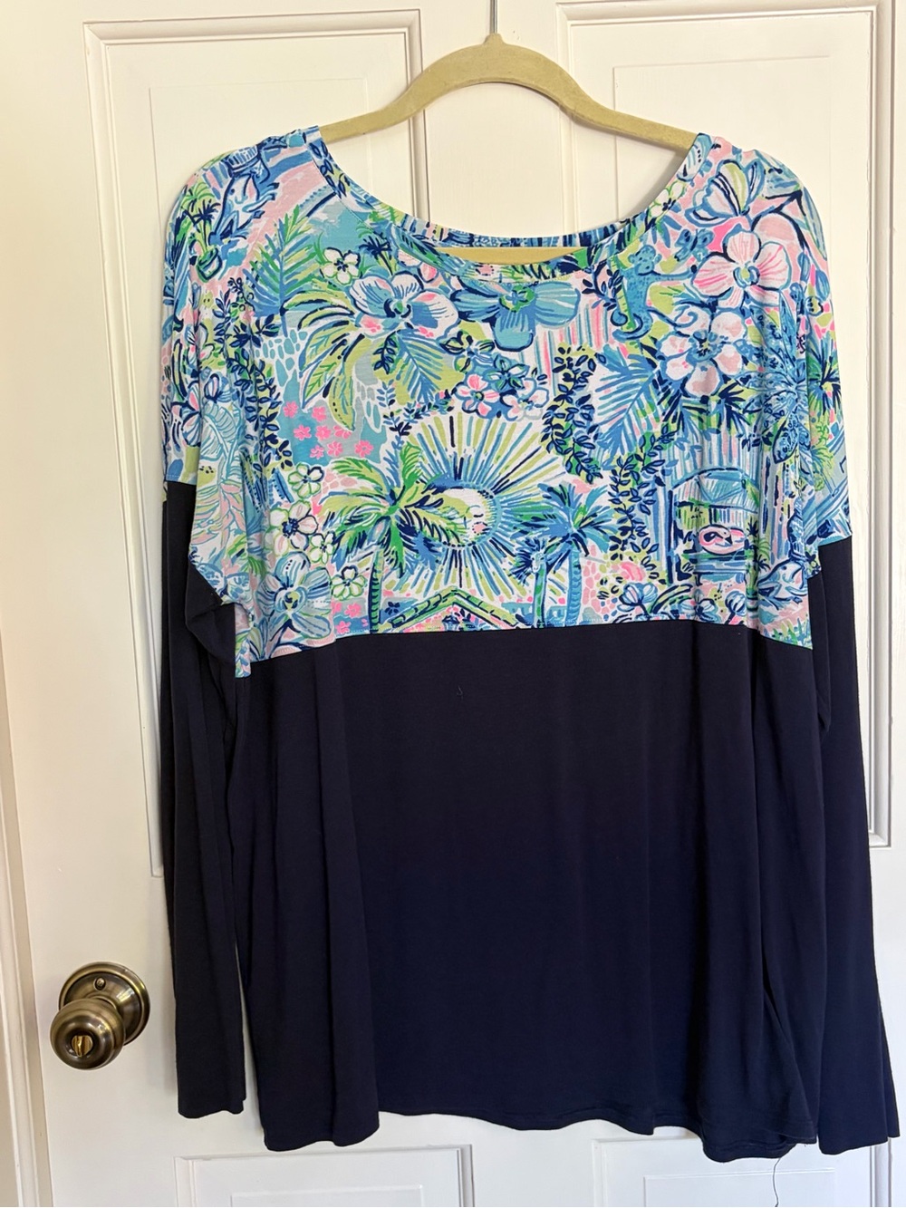 Lilly Pulitzer Navy Top with Pastel Floral Yoke